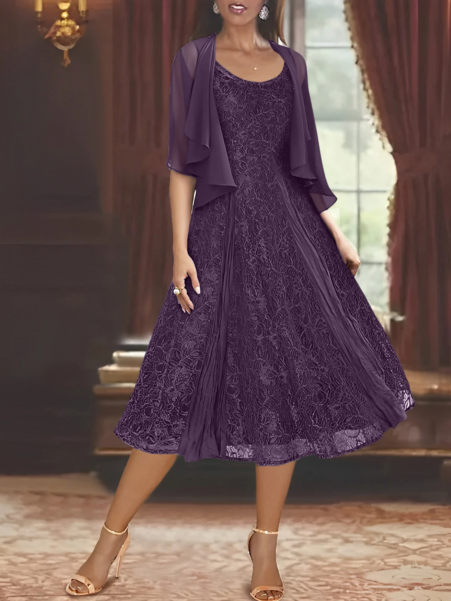 A-Line/Princess Scoop Half Sleeves Tea-Length Mother of the Bride Dresses with Appliques & Wrap - Image 8
