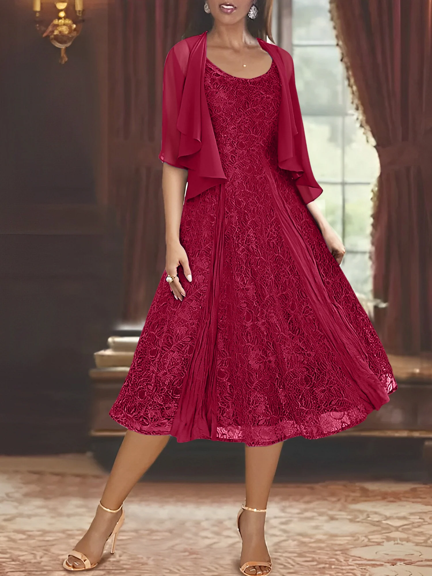 A-Line/Princess Scoop Half Sleeves Tea-Length Mother of the Bride Dresses with Appliques & Wrap - Image 9
