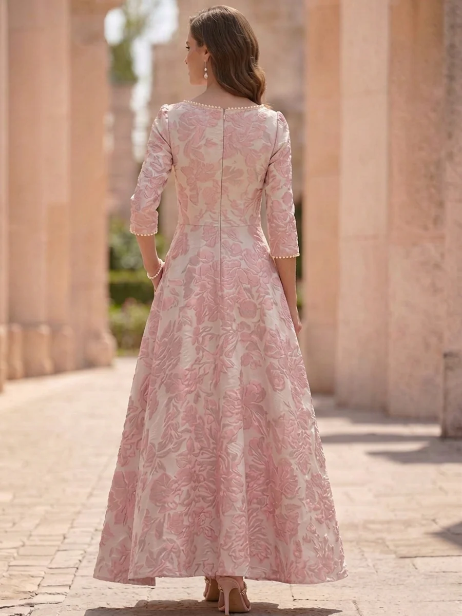 A-Line/Princess Scoop Jacquard Mother of the Bride Dresses Floral Ankle-Length 3/4 Sleeves - Image 2