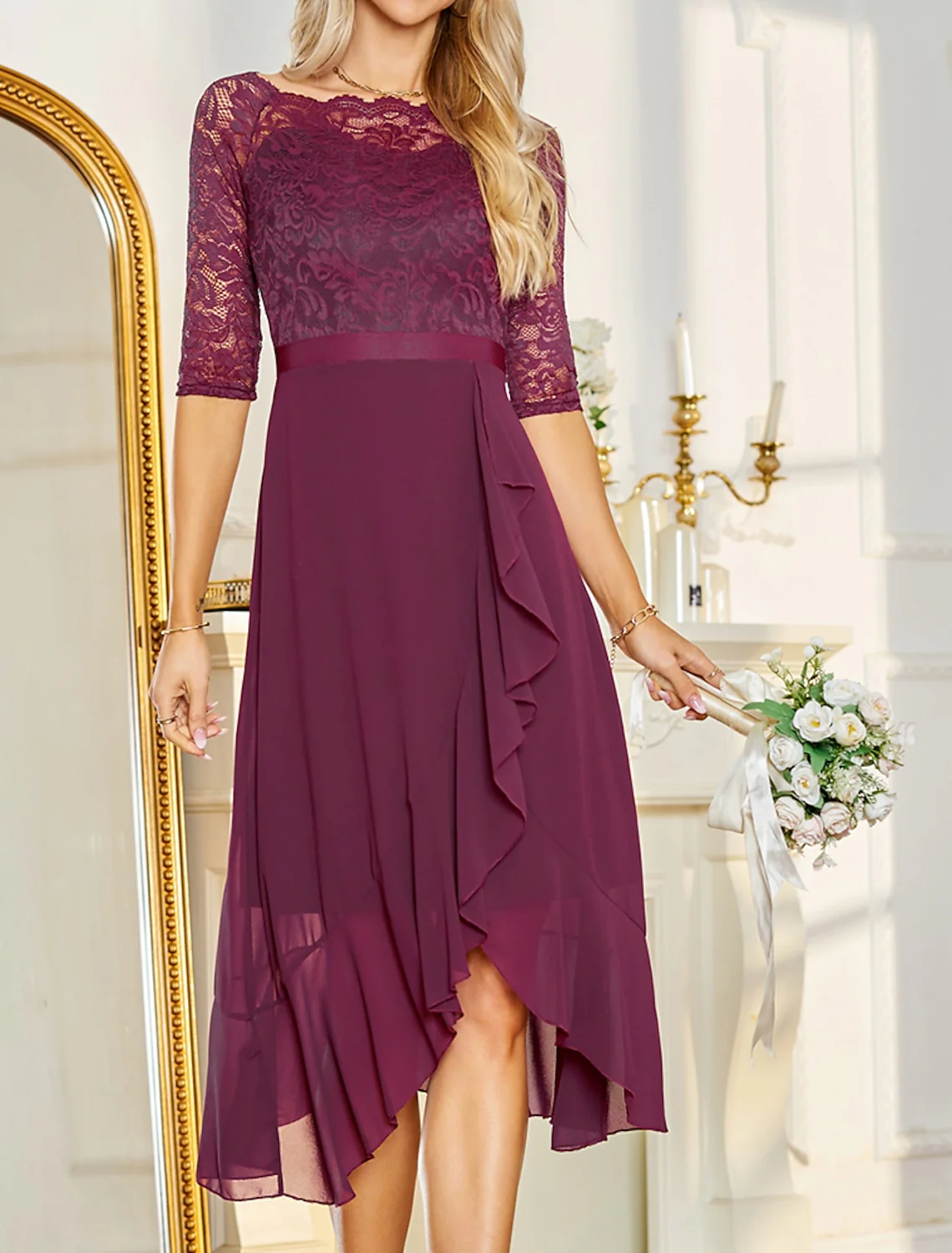 A-Line/Princess Scoop Lace Wedding Guest Cocktail Dresses with Applique - Image 4