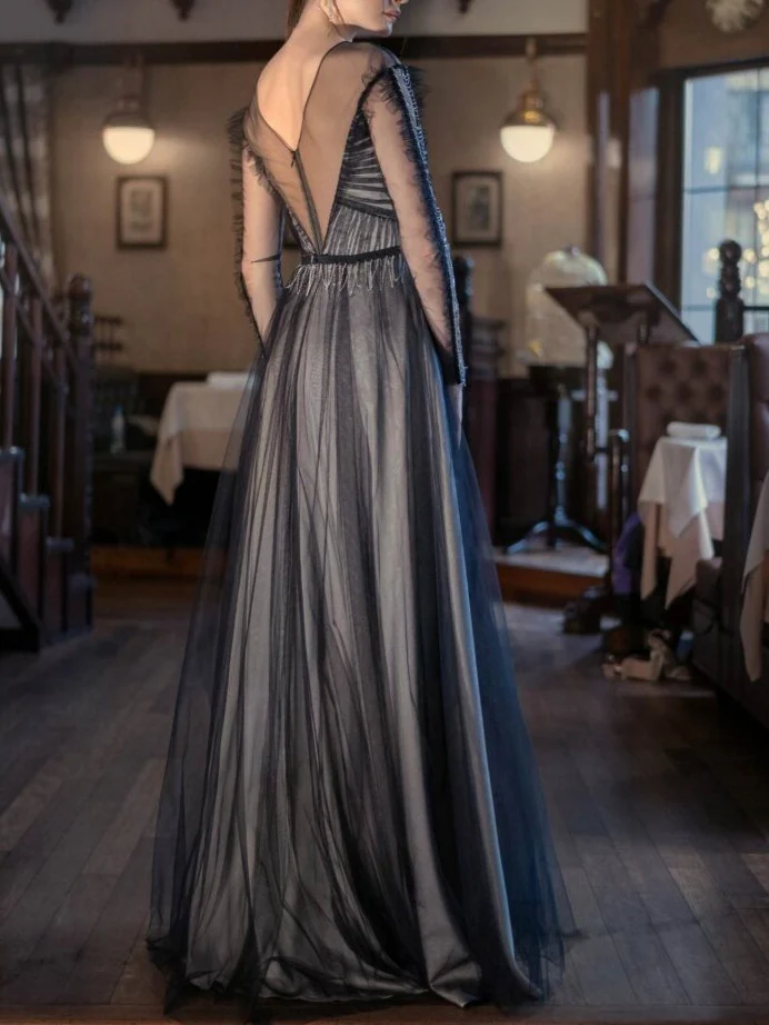 A-Line/Princess Scoop Long Sleeves Floor-Length Evening Dress with Split Side - Image 2