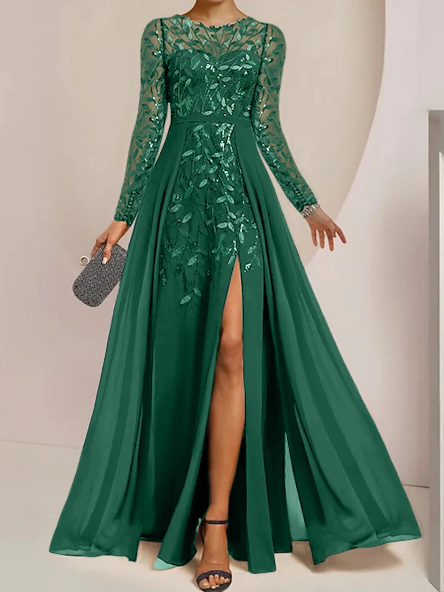 A-Line/Princess Scoop Long Sleeves Floor-Length Mother of the Bride Dresses with Split Side, Ruffles & Sequins - Image 12
