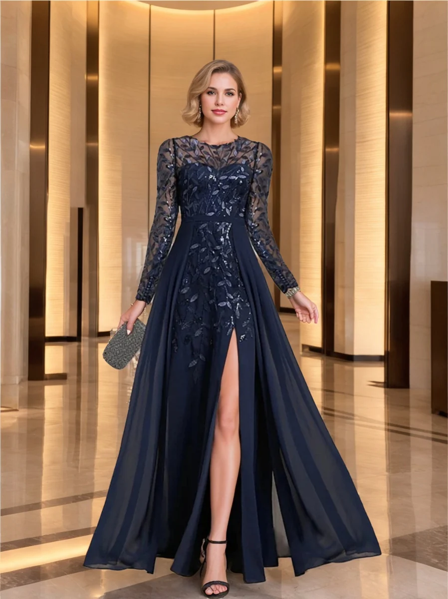 A-Line/Princess Scoop Long Sleeves Floor-Length Mother of the Bride Dresses with Split Side, Ruffles & Sequins - Image 3