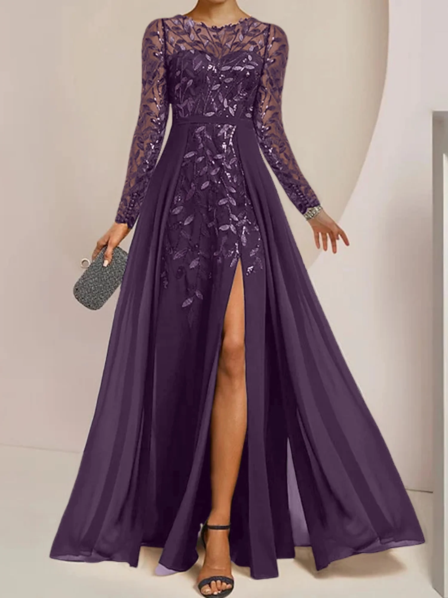 A-Line/Princess Scoop Long Sleeves Floor-Length Mother of the Bride Dresses with Split Side, Ruffles & Sequins - Image 35
