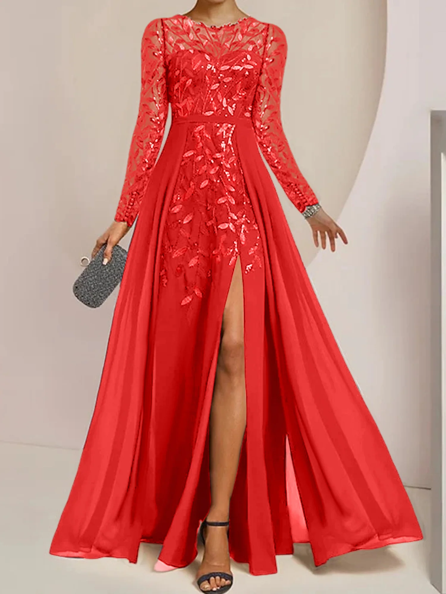 A-Line/Princess Scoop Long Sleeves Floor-Length Mother of the Bride Dresses with Split Side, Ruffles & Sequins - Image 37