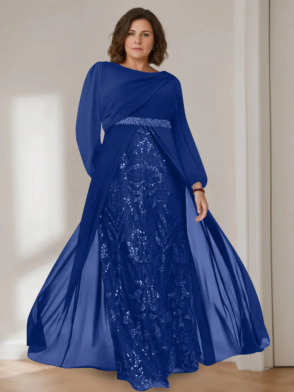 A-Line/Princess Scoop Long Sleeves Floor-Length Plus Size Mother of the Bride Dresses with Sequins - Image 15