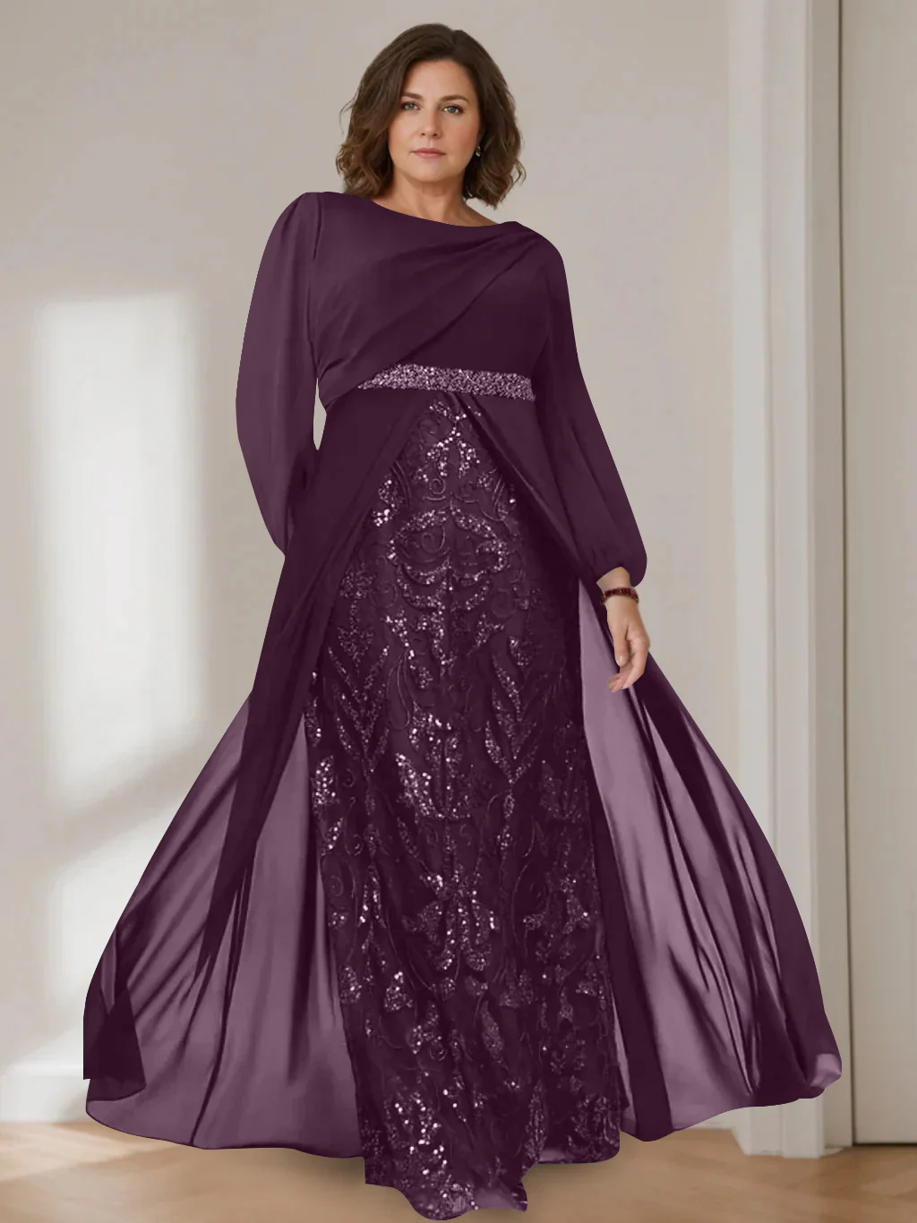 A-Line/Princess Scoop Long Sleeves Floor-Length Plus Size Mother of the Bride Dresses with Sequins - Image 39