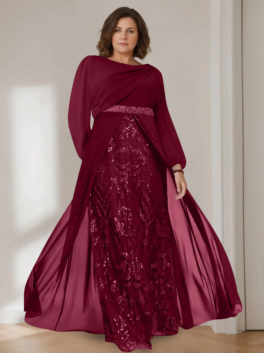 A-Line/Princess Scoop Long Sleeves Floor-Length Plus Size Mother of the Bride Dresses with Sequins - Image 5