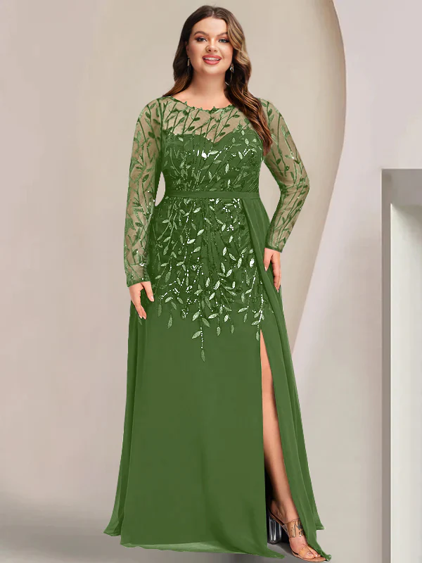A-Line/Princess Scoop Long Sleeves Floor-Length Plus Size Mother of the Bride Dresses with Split Side, Ruffles & Sequins - Image 4