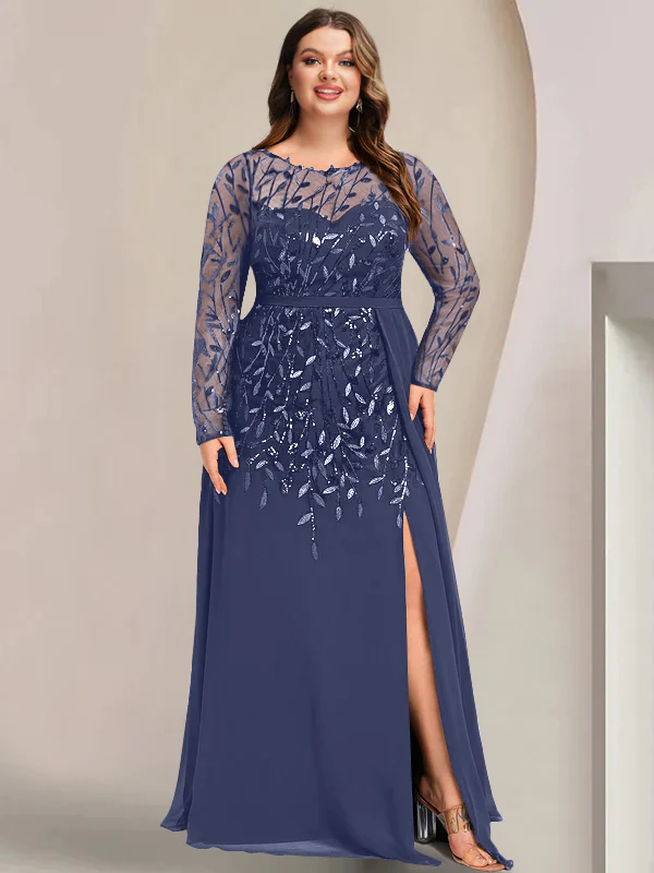 A-Line/Princess Scoop Long Sleeves Floor-Length Plus Size Mother of the Bride Dresses with Split Side, Ruffles & Sequins - Image 7