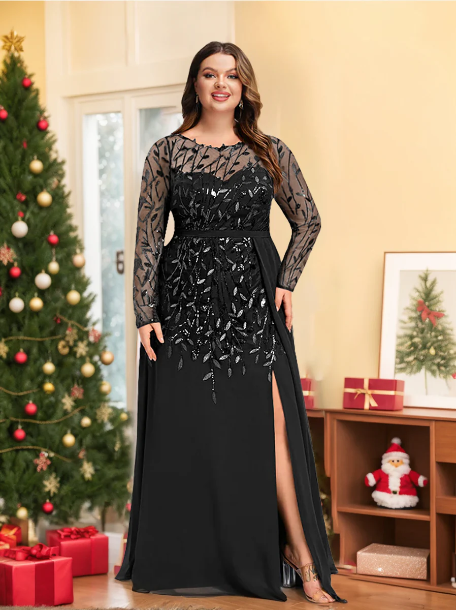 A-Line/Princess Scoop Long Sleeves Floor-Length Plus Size Mother of the Bride Dresses with Split Side, Ruffles & Sequins - Image 9
