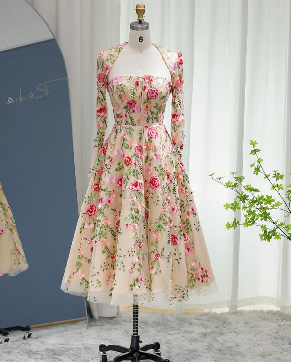 A-Line/Princess Formal Cocktail Dresses Scoop Long Sleeves Tulle Lace Floor-Length With Floar - Image 5