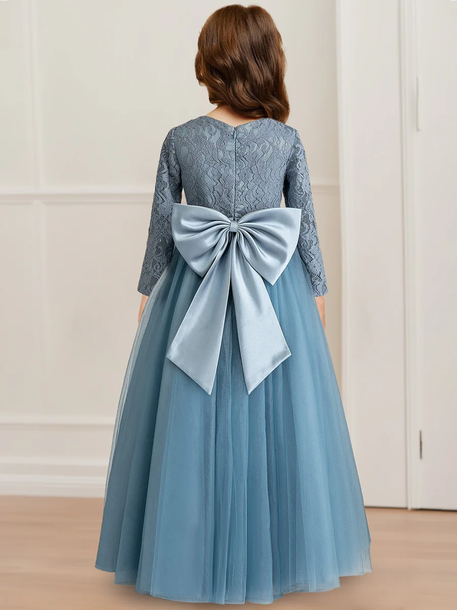 A-Line/Princess Scoop Long Sleeves Flower Girl Dresses with Bow & Appliques - Image 2