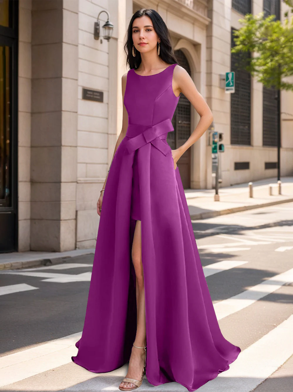 A-Line/Princess Scoop Mother of the Bride Dresses with High Split & Bow - Image 24
