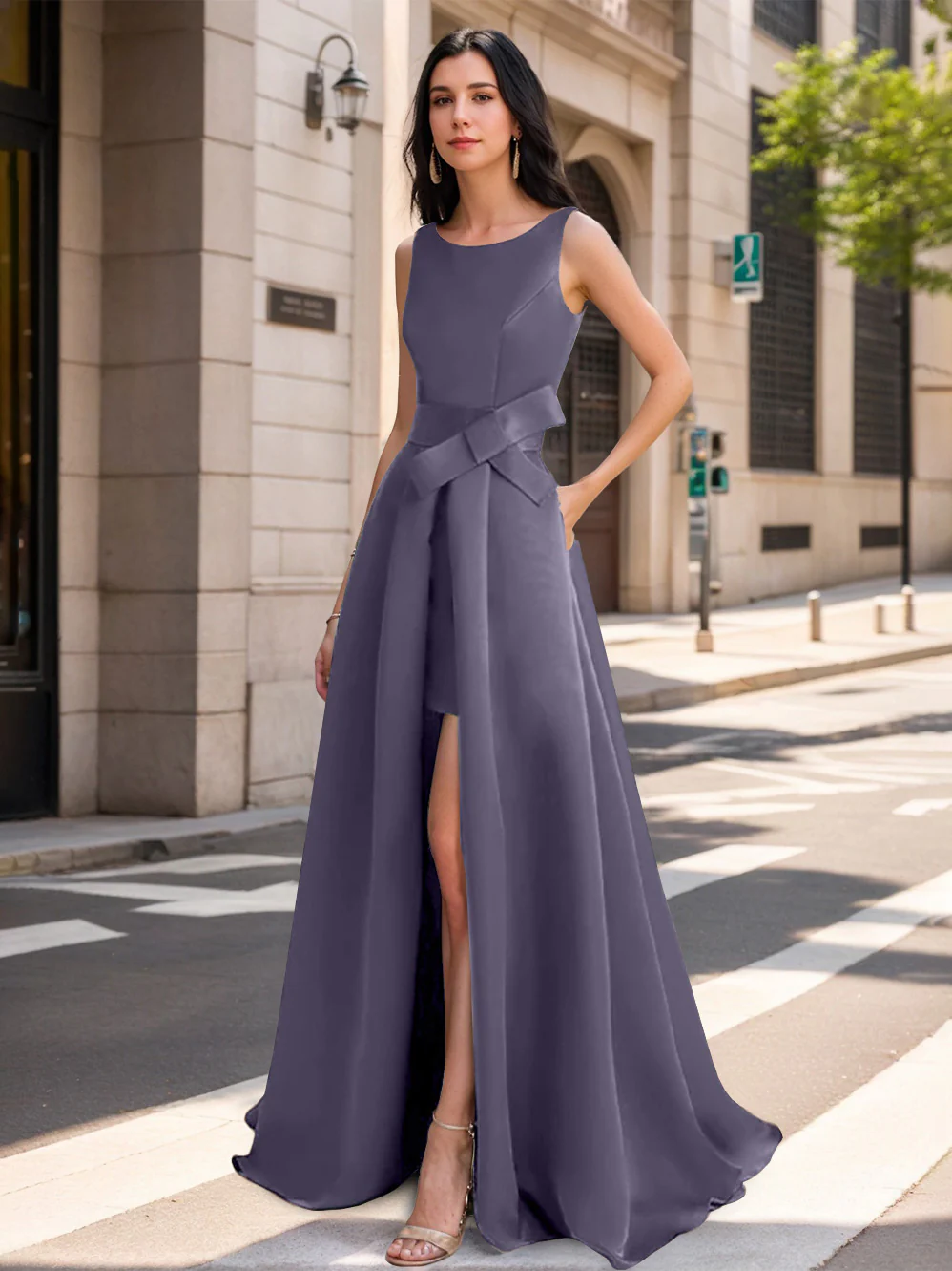 A-Line/Princess Scoop Mother of the Bride Dresses with High Split & Bow - Image 32