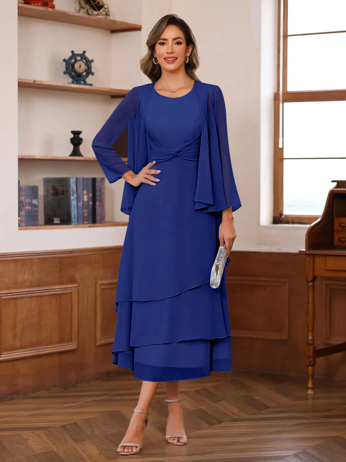 A-Line/Princess Scoop Neck 2 Pcs Tea-Length Mother of the Bride Dresses with Ruffles & jacket - Image 49