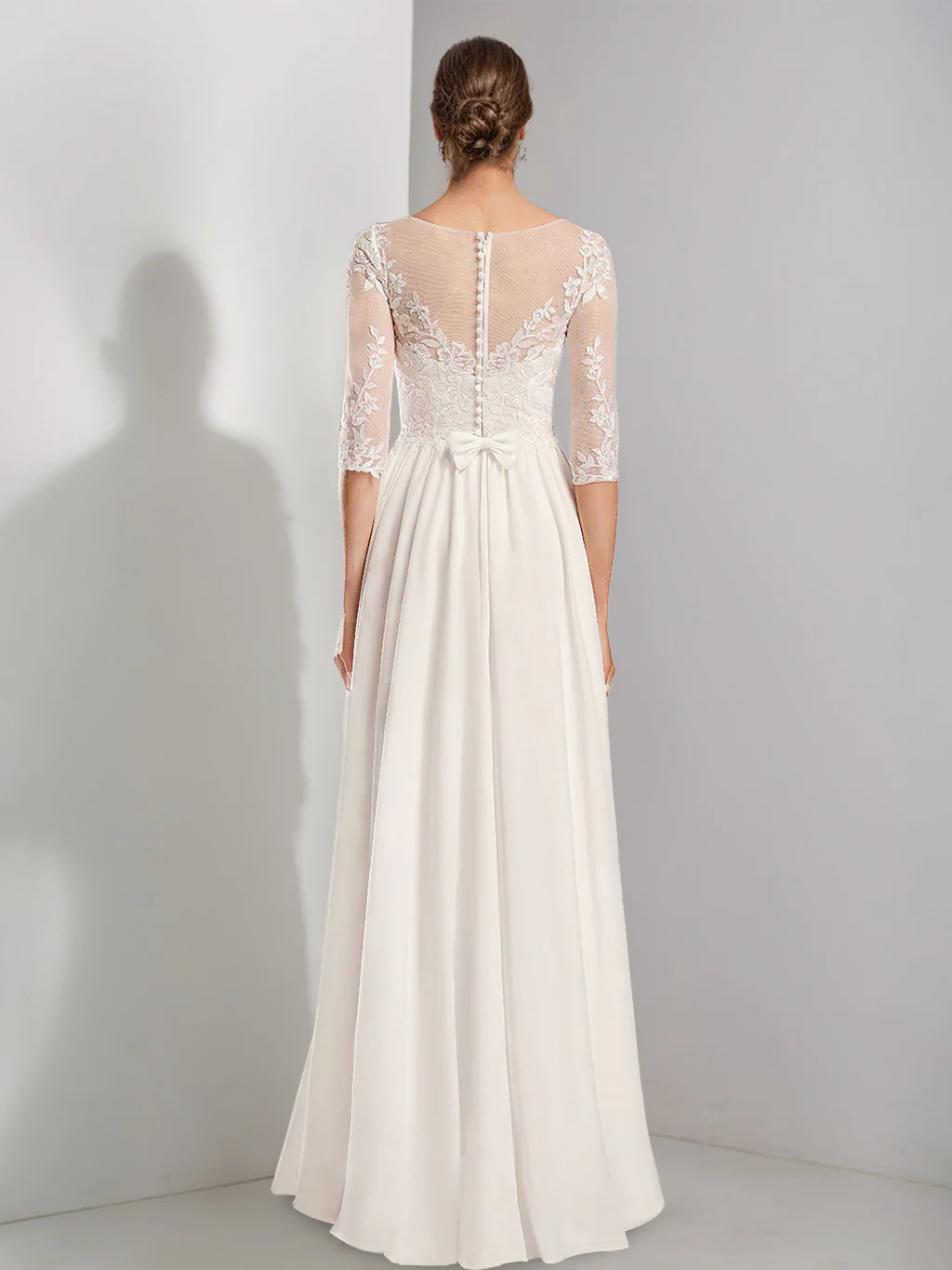 A-Line/Princess Scoop Neck Half Sleeves Floor-length Lace Wedding Dress with Appliques - Image 2