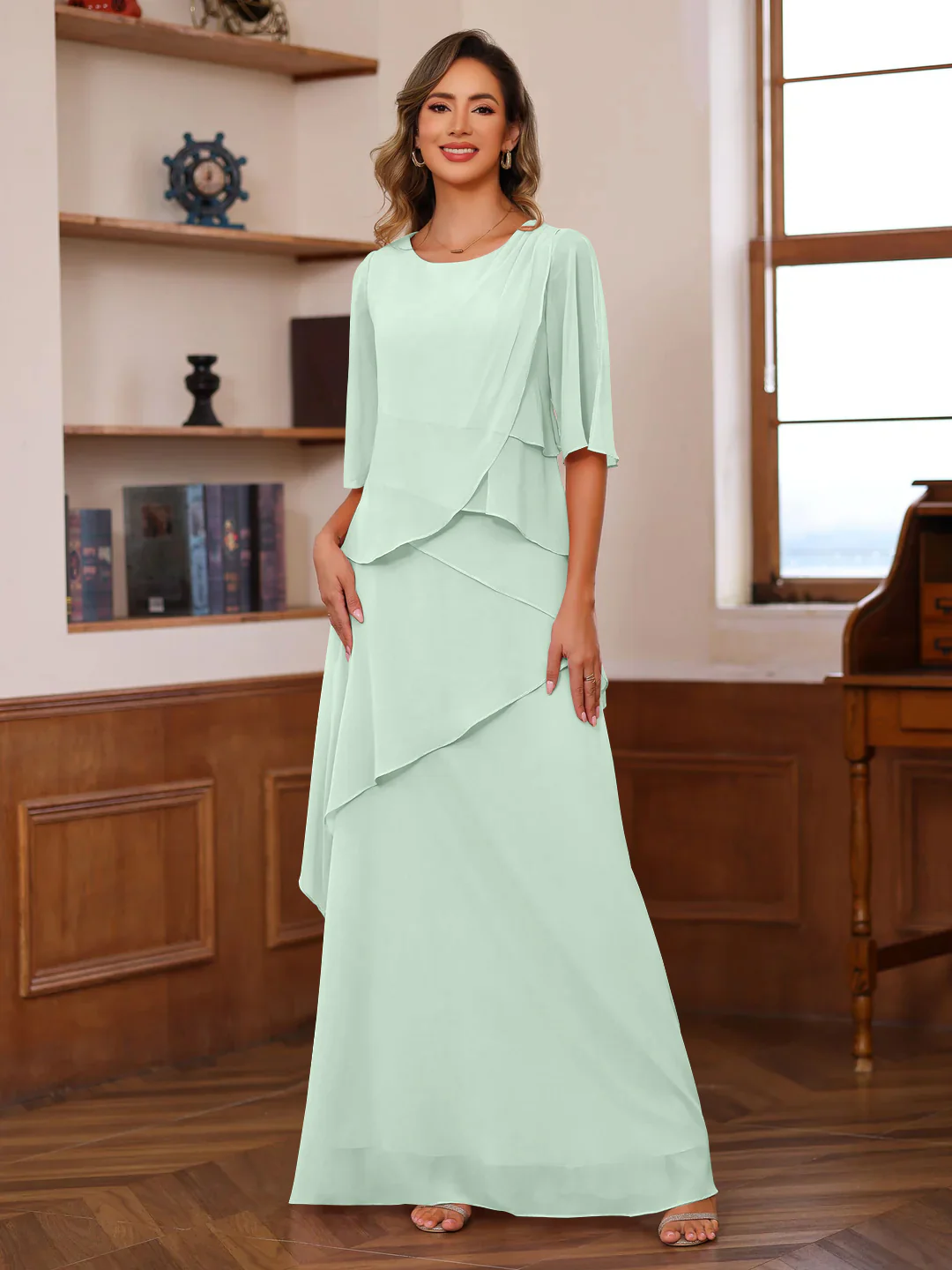 A-Line/Princess Scoop Neck Half Sleeves Floor-Length Mother of the Bride Dresses with Ruffles - Image 46