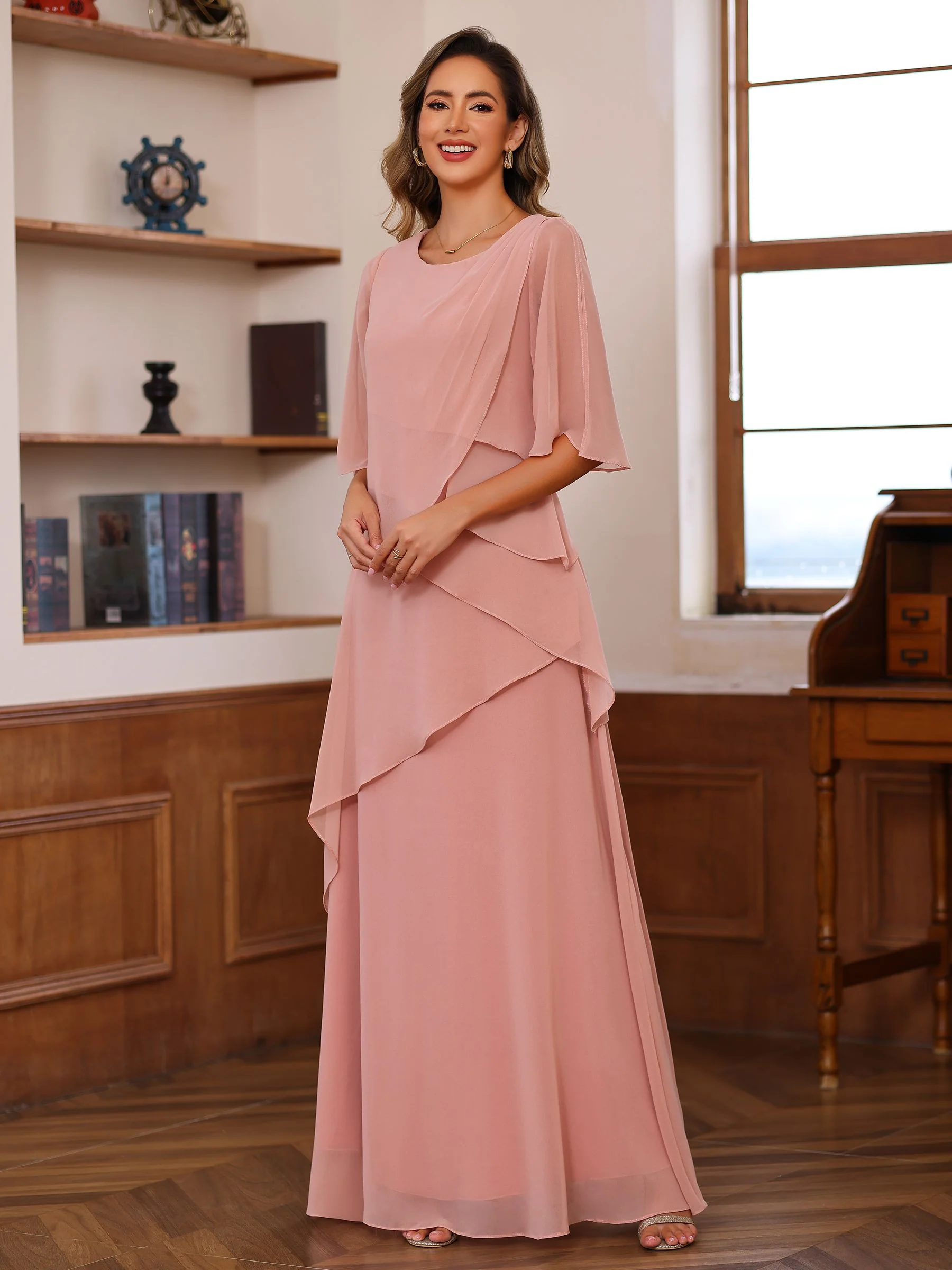 A-Line/Princess Scoop Neck Half Sleeves Floor-Length Mother of the Bride Dresses with Ruffles - Image 5