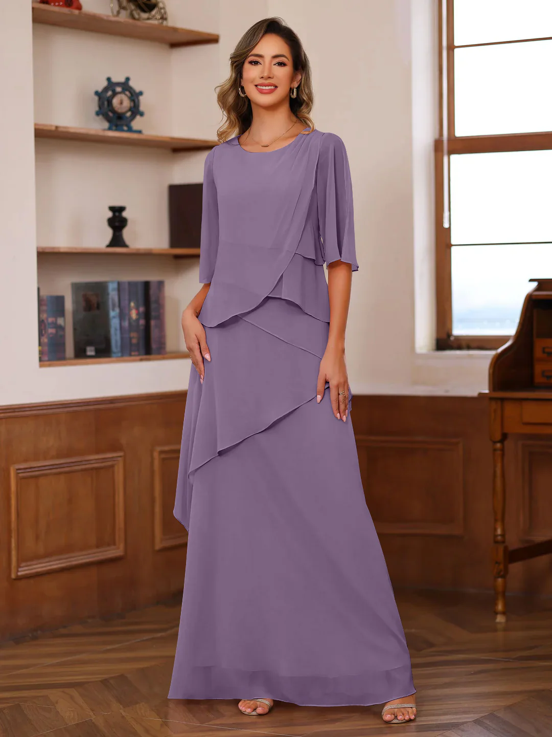 A-Line/Princess Scoop Neck Half Sleeves Floor-Length Mother of the Bride Dresses with Ruffles - Image 60