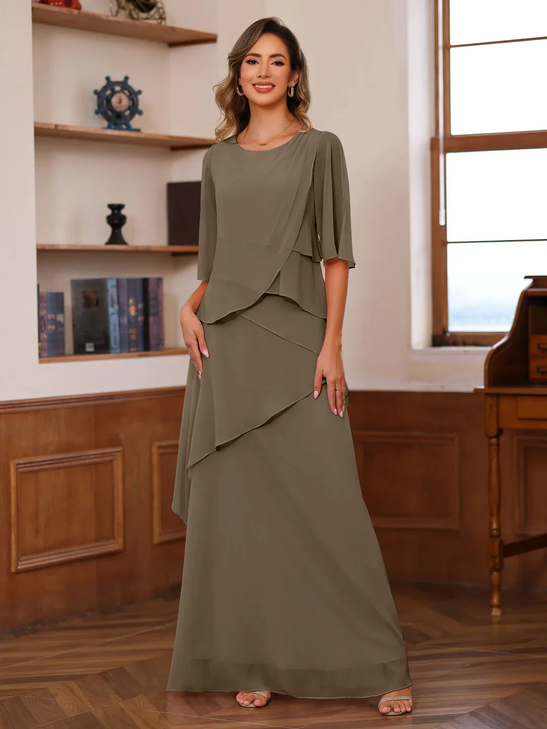 A-Line/Princess Scoop Neck Half Sleeves Floor-Length Mother of the Bride Dresses with Ruffles - Image 61