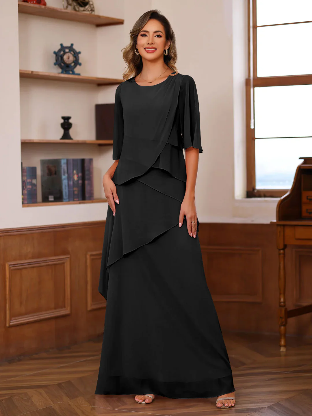 A-Line/Princess Scoop Neck Half Sleeves Floor-Length Mother of the Bride Dresses with Ruffles - Image 9