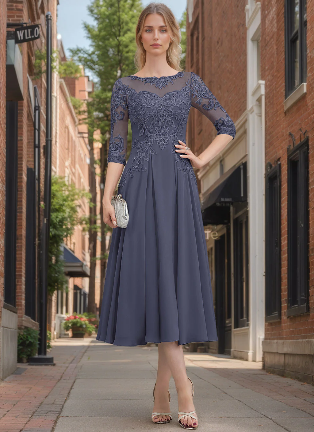 A-Line/Princess Scoop Neck Half Sleeves Tea-Length Mother of the Bride Dresses with Appliques & Lace - Image 3