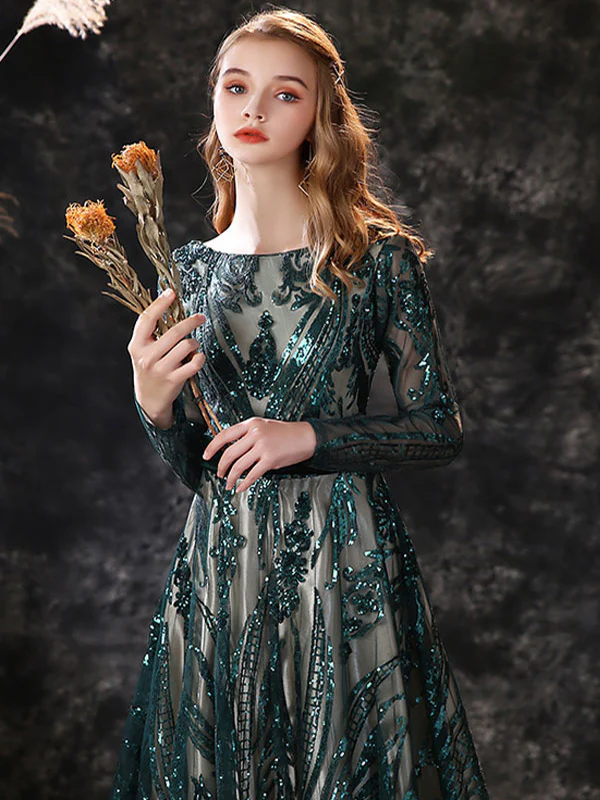 A-Line/Princess Scoop Neck Long Sleeves Court Train Evening Dresses With Lace - Image 2