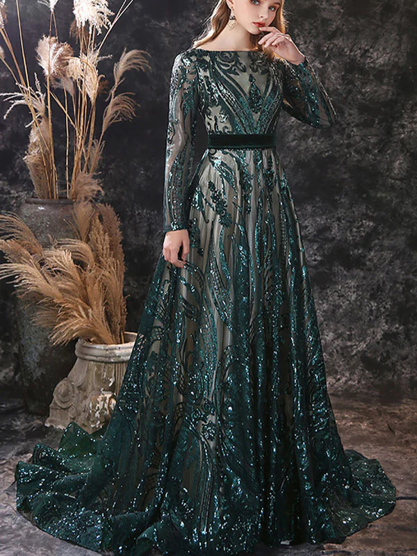 A-Line/Princess Scoop Neck Long Sleeves Court Train Evening Dresses With Lace - Image 5