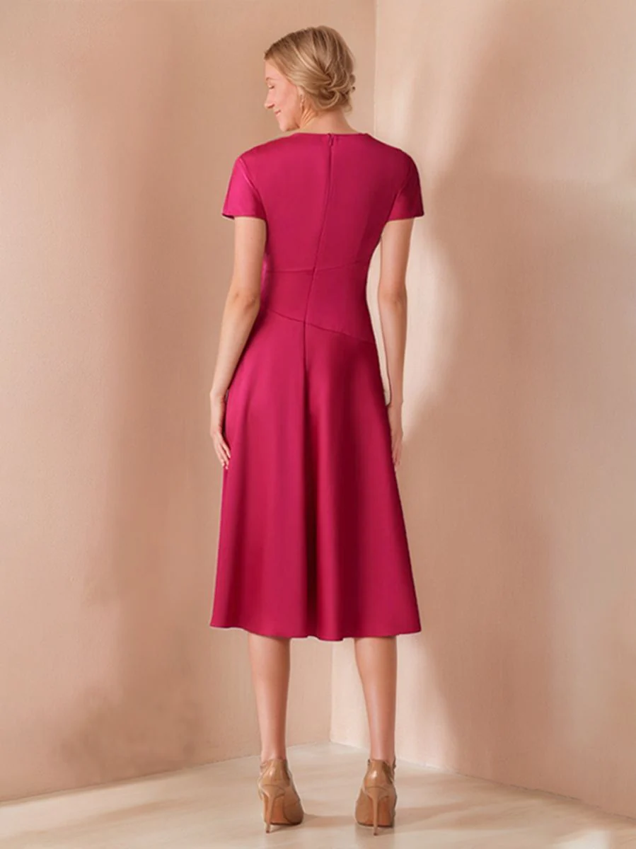 A-Line/Princess Scoop Neck Short Sleeves Knee-Length Elegant Wedding Guest Dress with Ruched - Image 2