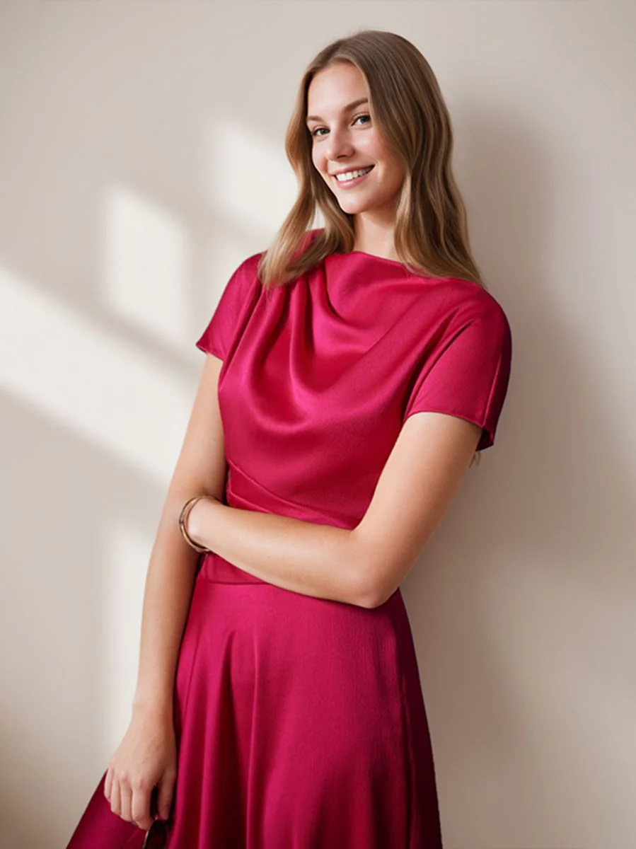 A-Line/Princess Scoop Neck Short Sleeves Knee-Length Elegant Wedding Guest Dress with Ruched - Image 4