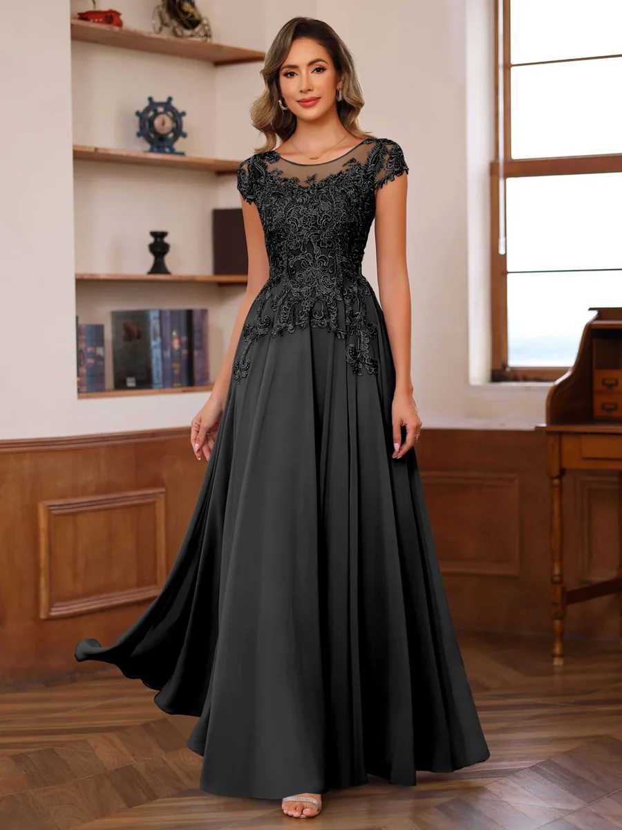 A-Line/Princess Scoop Neck Short Sleeves Floor-Length Mother of the Bride Dresses with Appliques - Image 9