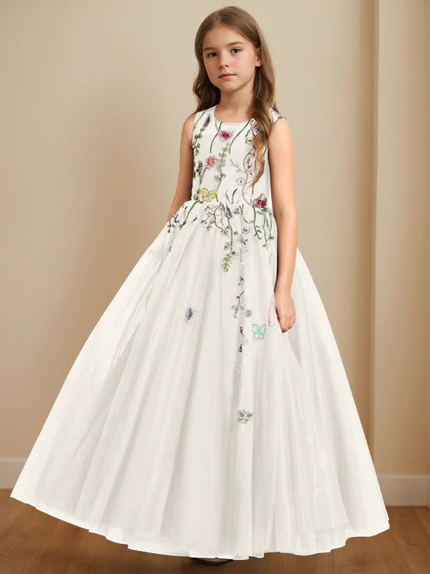 A-Line/Princess Scoop Neck Sleeveless Floor-Length Flower Girl Dress with Embroidery - Image 5