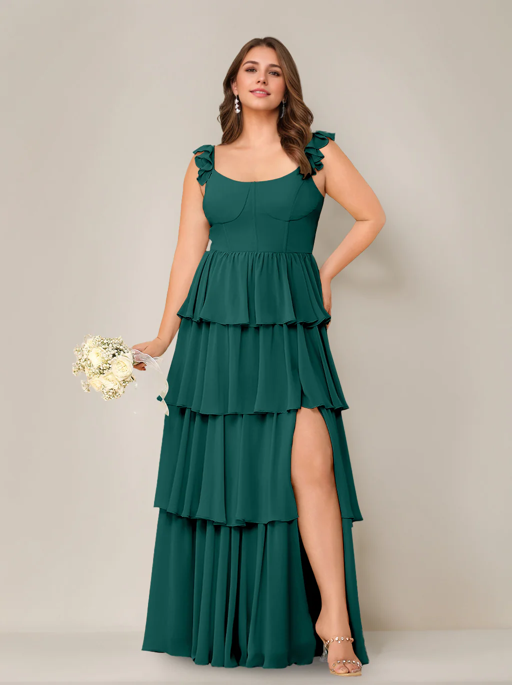 A-Line/Princess Scoop Neck Sleeveless Floor-Length Plus Size Bridesmaid Dress with Ruffles & Split Side - Image 19