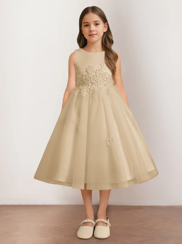 A-Line/Princess Scoop Neck Sleeveless Tea-Length Flower Girl Dress with Appliques - Image 5