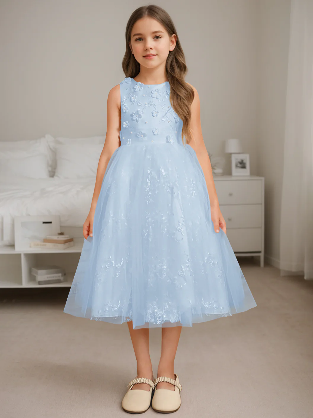 A-Line/Princess Scoop Neck Sleeveless Tea-Length Flower Girl Dress with Beading - Image 12