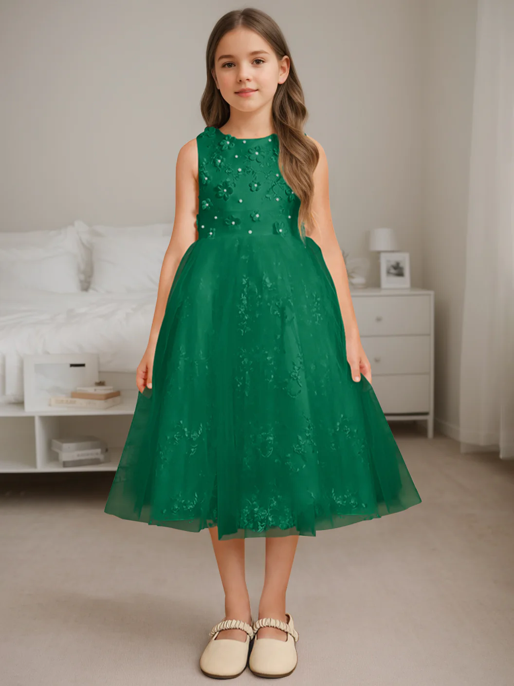 A-Line/Princess Scoop Neck Sleeveless Tea-Length Flower Girl Dress with Beading - Image 13