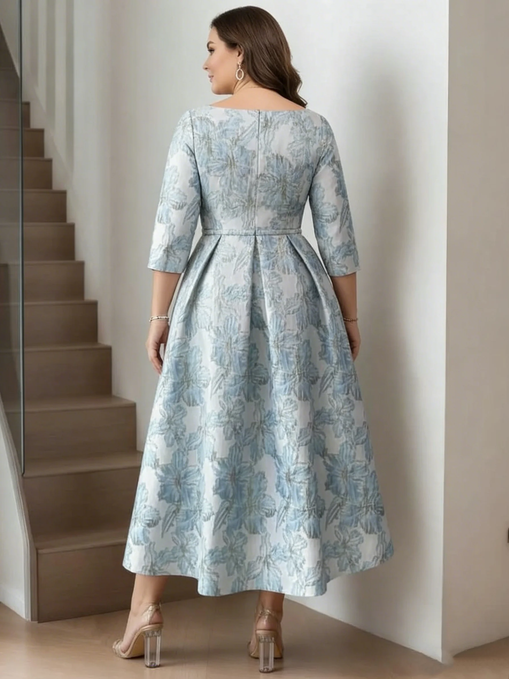 A-Line/Princess Scoop Printed Satin Plus Size Mother of the Bride Dresses Half Sleeves Floral Tea-Length Sash - Image 2