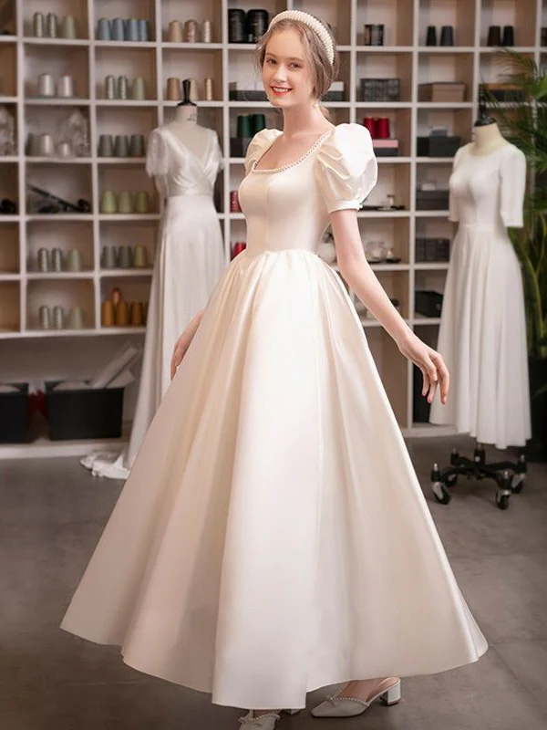 A-Line/Princess Scoop Puff Sleeves Ankle-Length Pleated Wedding Dresses with Lace-up & Pearls - Image 2