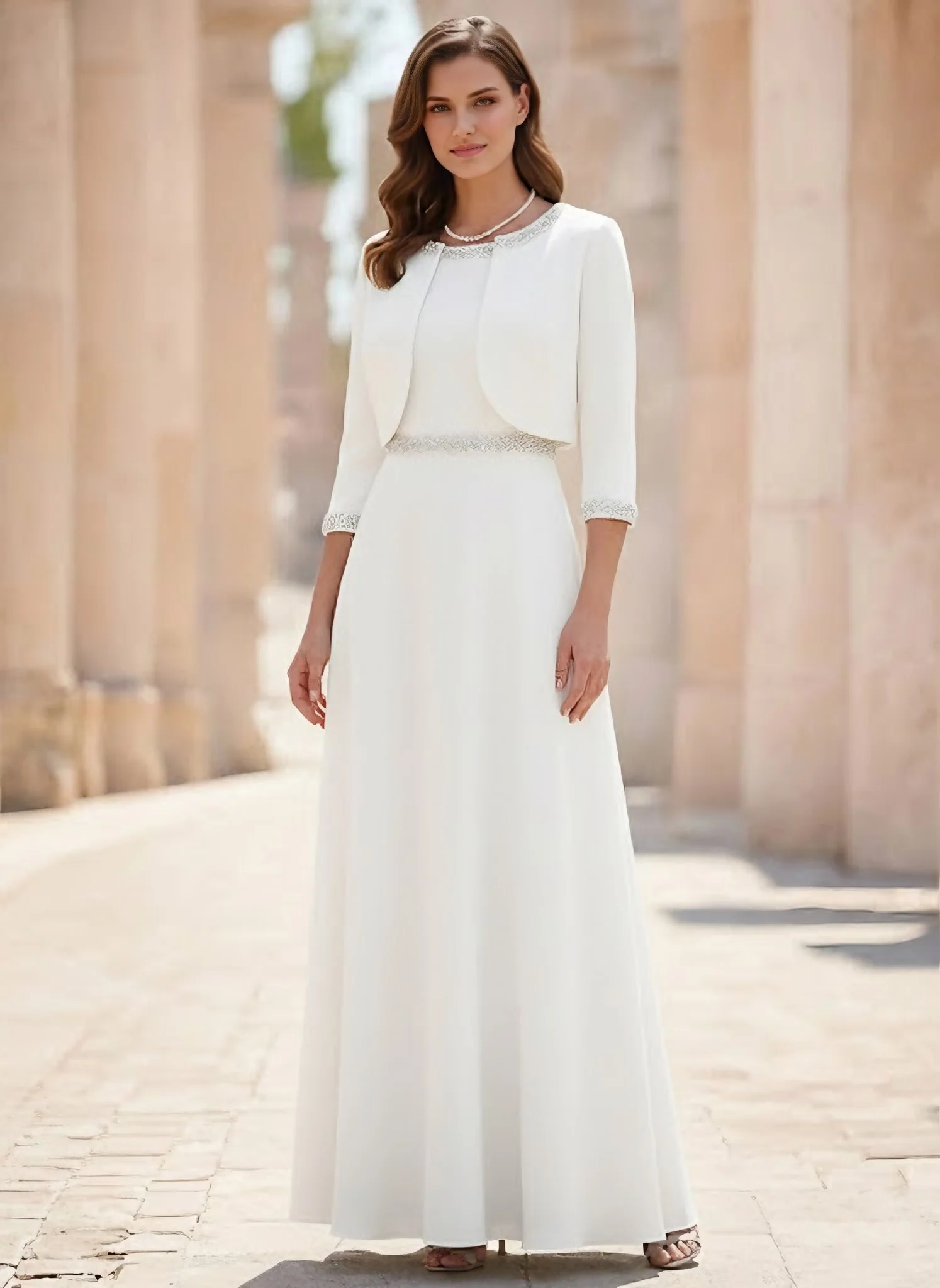 A-Line/Princess Scoop Satin 2 Pieces Mother of the Bride Dresses with Jacket Ankle-Length 3/4 Sleeves Beading - Image 6