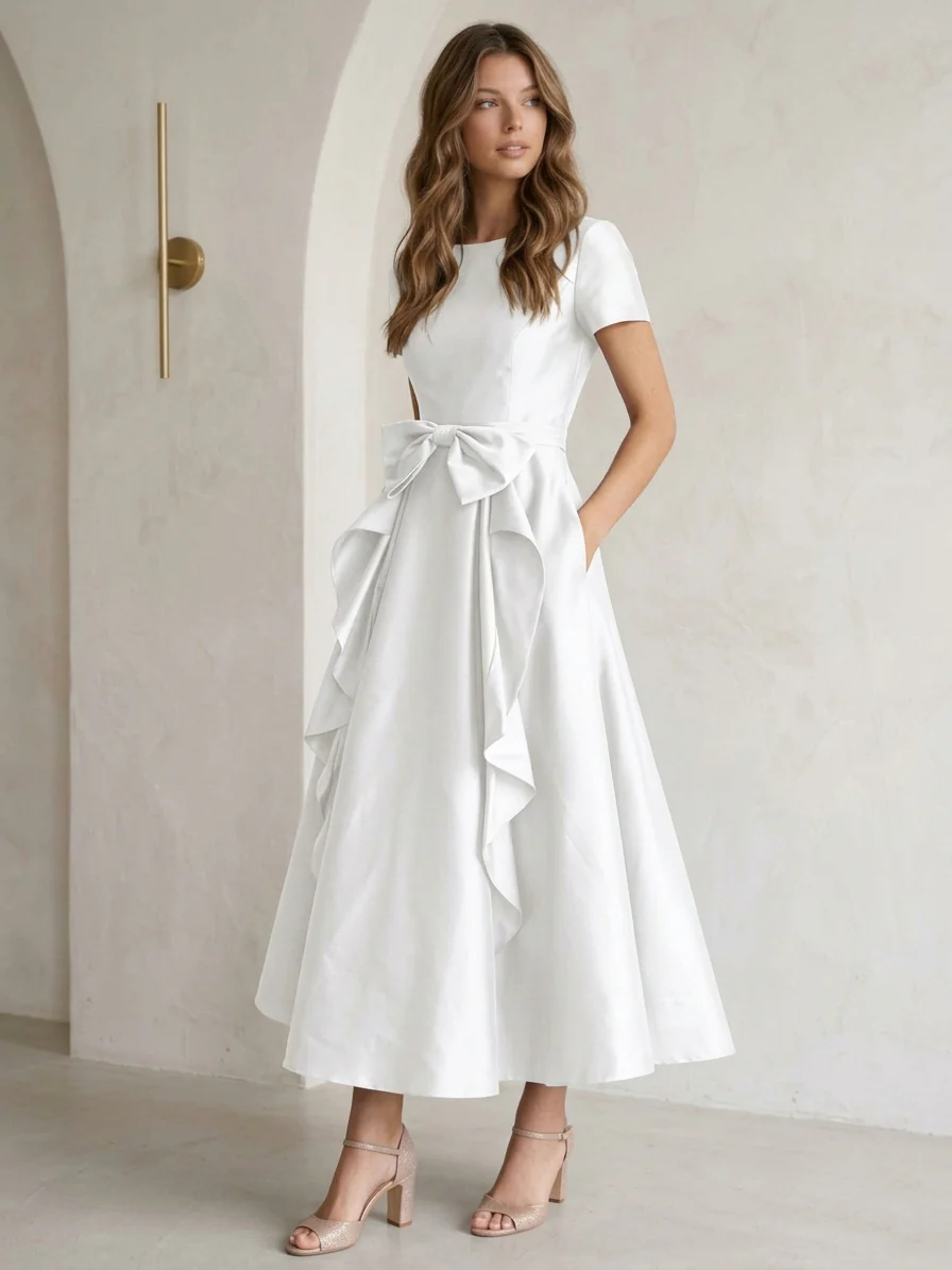A-Line/Princess Scoop Satin Cocktail Dresses with Bowknot Short Sleeves Tea-Length Formal Dresses - Image 3