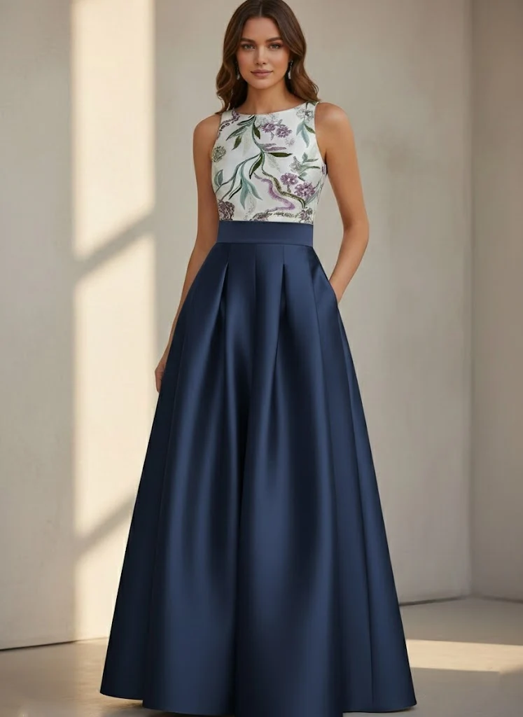 A-Line/Princess Scoop Satin Evening Dresses Sleeveless Floor-Length Floral Sequins Party Dresses - Image 3