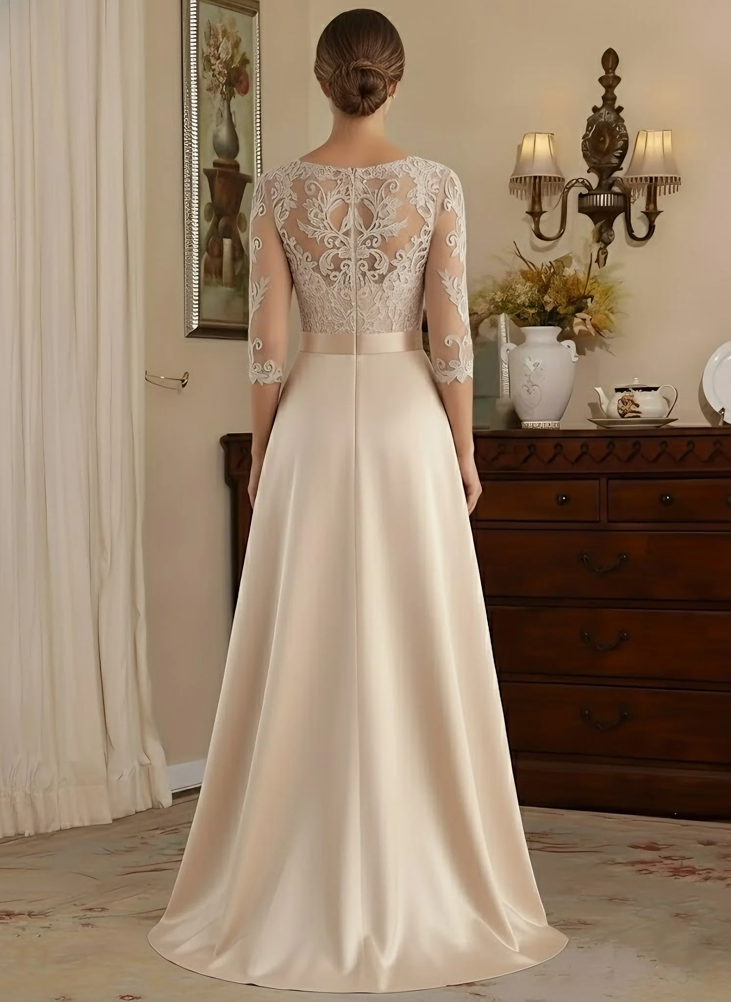 A-Line/Princess Scoop Satin Mother of the Bride Dresses 3/4 Sleeves Asymmetrical Floor-Length Illusion Lace Belt - Image 2