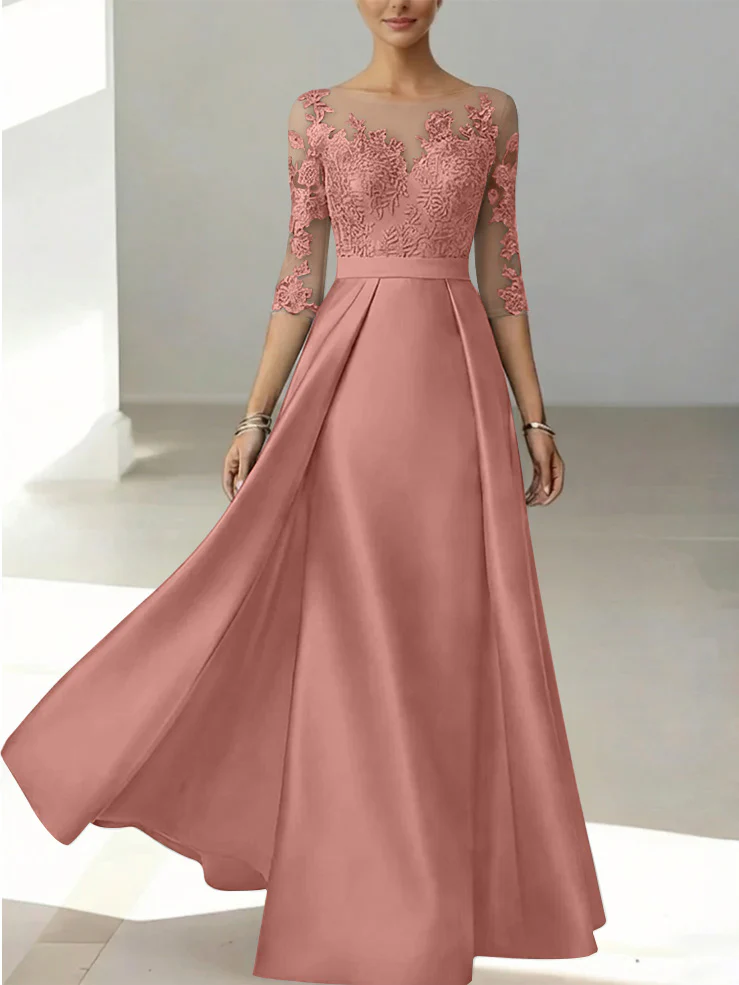 A-Line/Princess Scoop Satin Mother of the Bride Dresses 3/4 Sleeves Lace Floor-Length Floral - Image 28