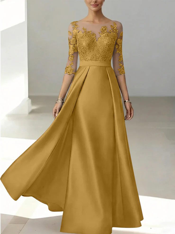 A-Line/Princess Scoop Satin Mother of the Bride Dresses 3/4 Sleeves Lace Floor-Length Floral - Image 30