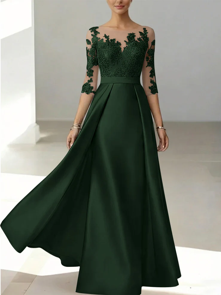 A-Line/Princess Scoop Satin Mother of the Bride Dresses 3/4 Sleeves Lace Floor-Length Floral - Image 32