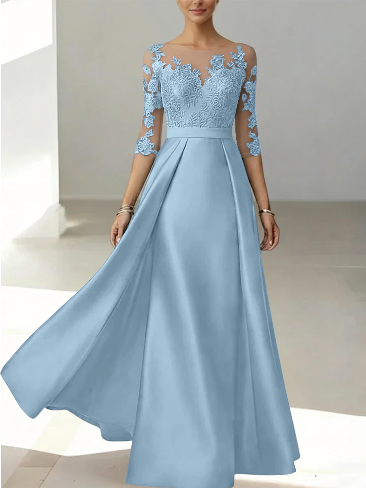 A-Line/Princess Scoop Satin Mother of the Bride Dresses 3/4 Sleeves Lace Floor-Length Floral - Image 35