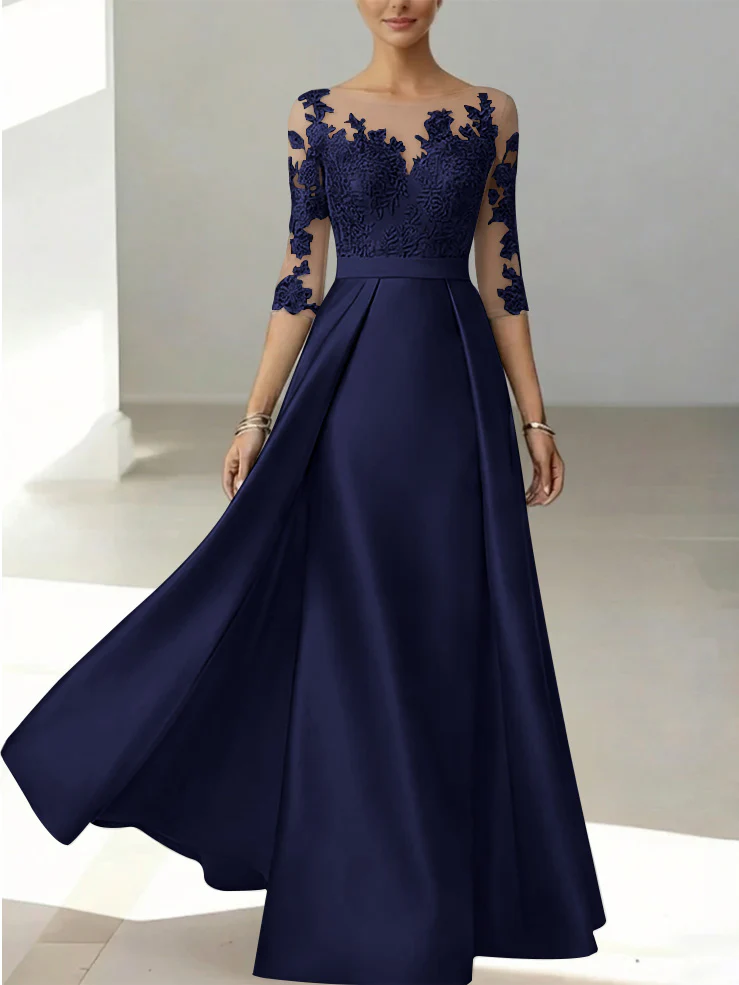 A-Line/Princess Scoop Satin Mother of the Bride Dresses 3/4 Sleeves Lace Floor-Length Floral - Image 46