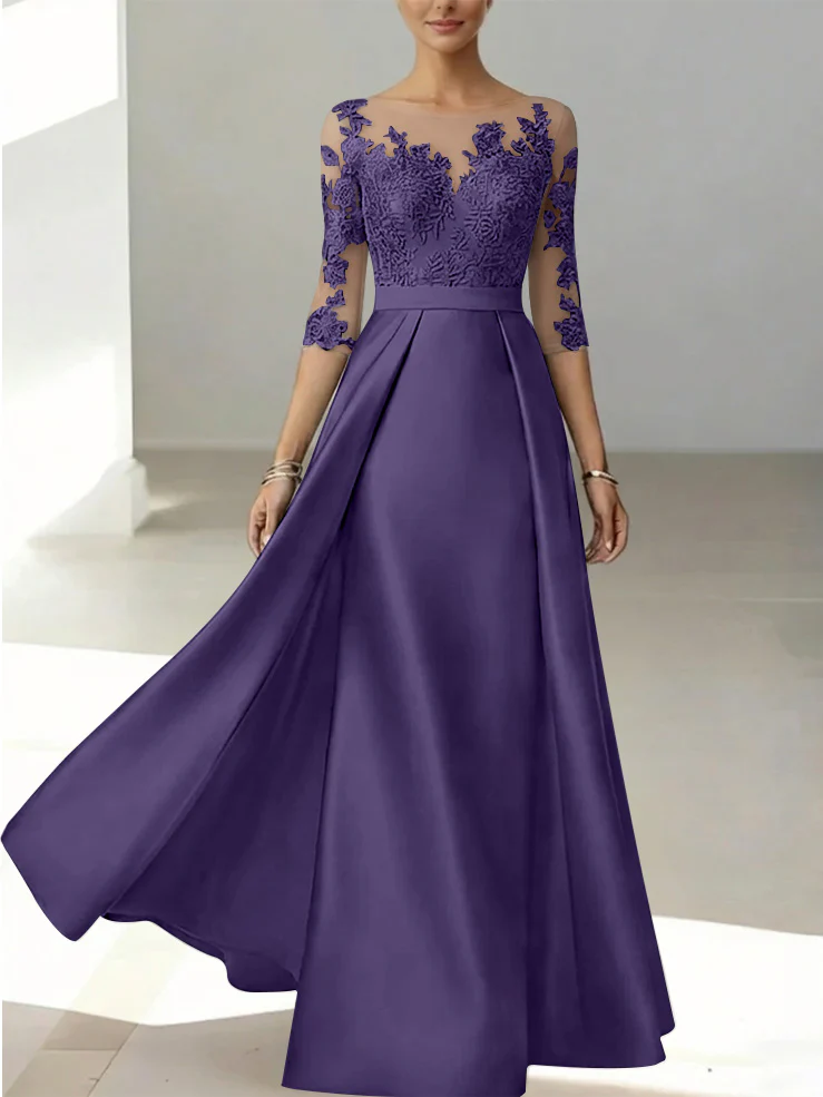 A-Line/Princess Scoop Satin Mother of the Bride Dresses 3/4 Sleeves Lace Floor-Length Floral - Image 52