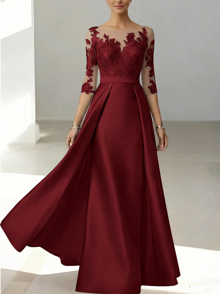 A-Line/Princess Scoop Satin Mother of the Bride Dresses 3/4 Sleeves Lace Floor-Length Floral - Image 56